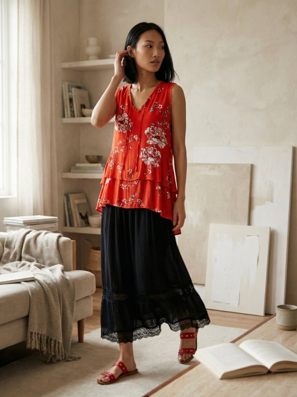 Beautiful Floral Red SUZANNE BETRO Women's Layered Tunic Sleeveless BLOUSE NWOT